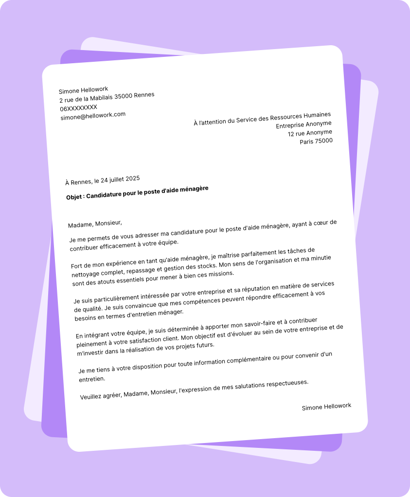 Exemple lettre de motivation Aide ménagère