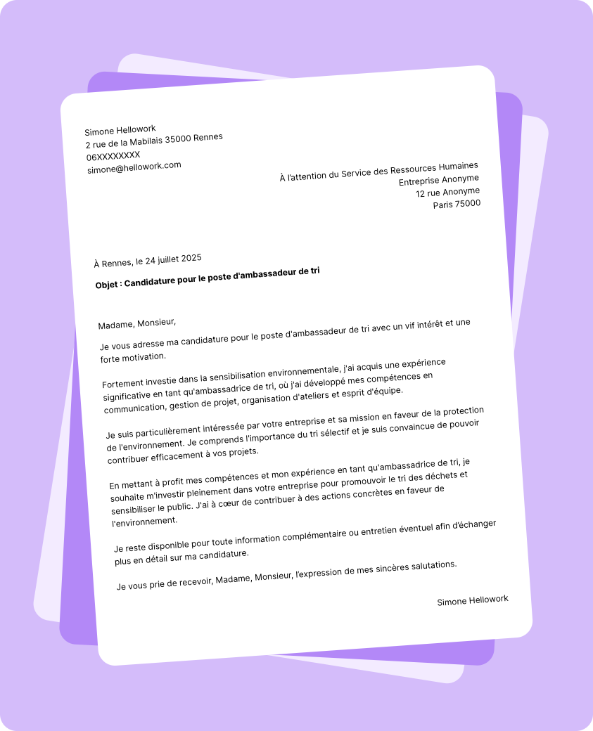 Modèle lettre de motivation Ambassadeur de tri Exemple lettre de motivation Ambassadeur de tri