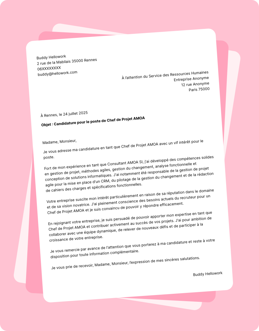 Exemple lettre de motivation Chef de projet AMOA