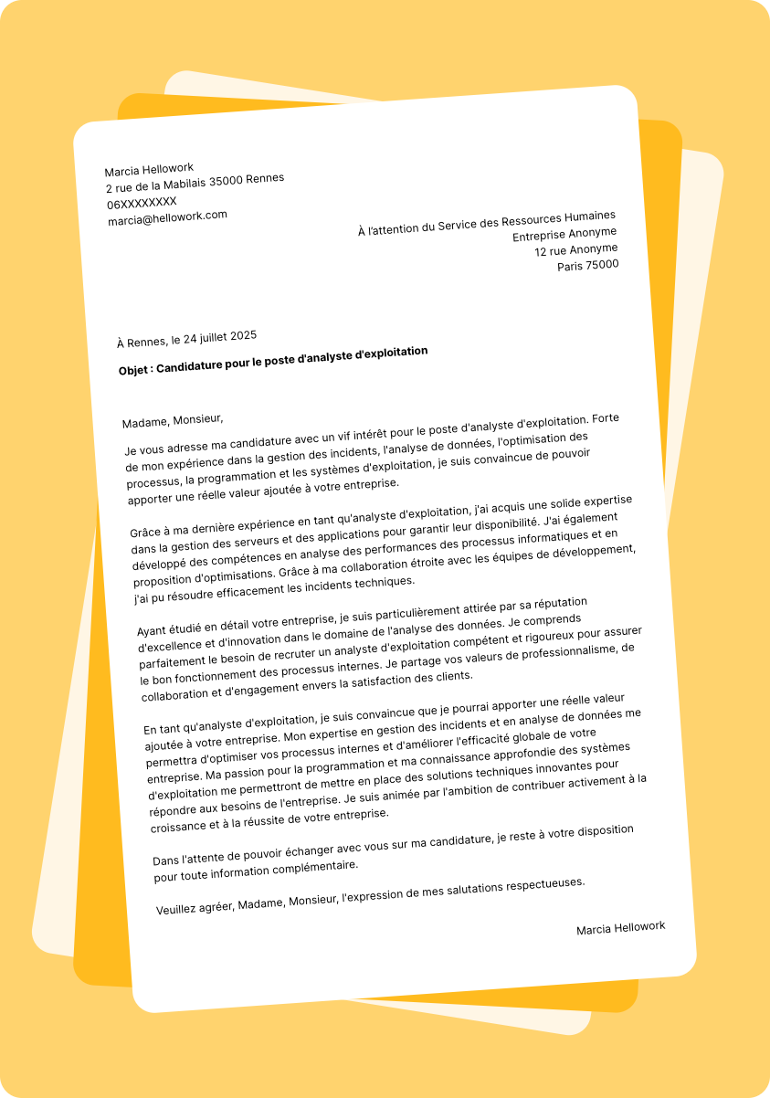 Exemple lettre de motivation Analyste d'exploitation