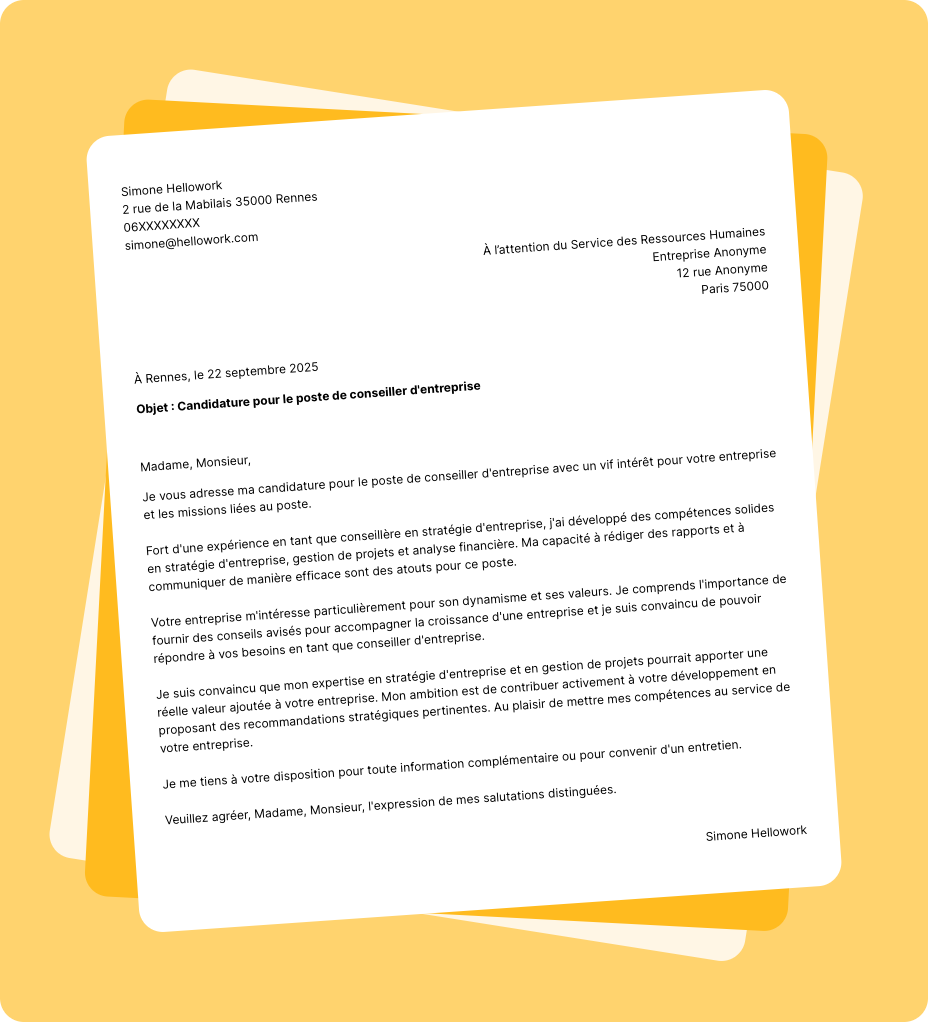 Exemple lettre de motivation Conseiller d'entreprise