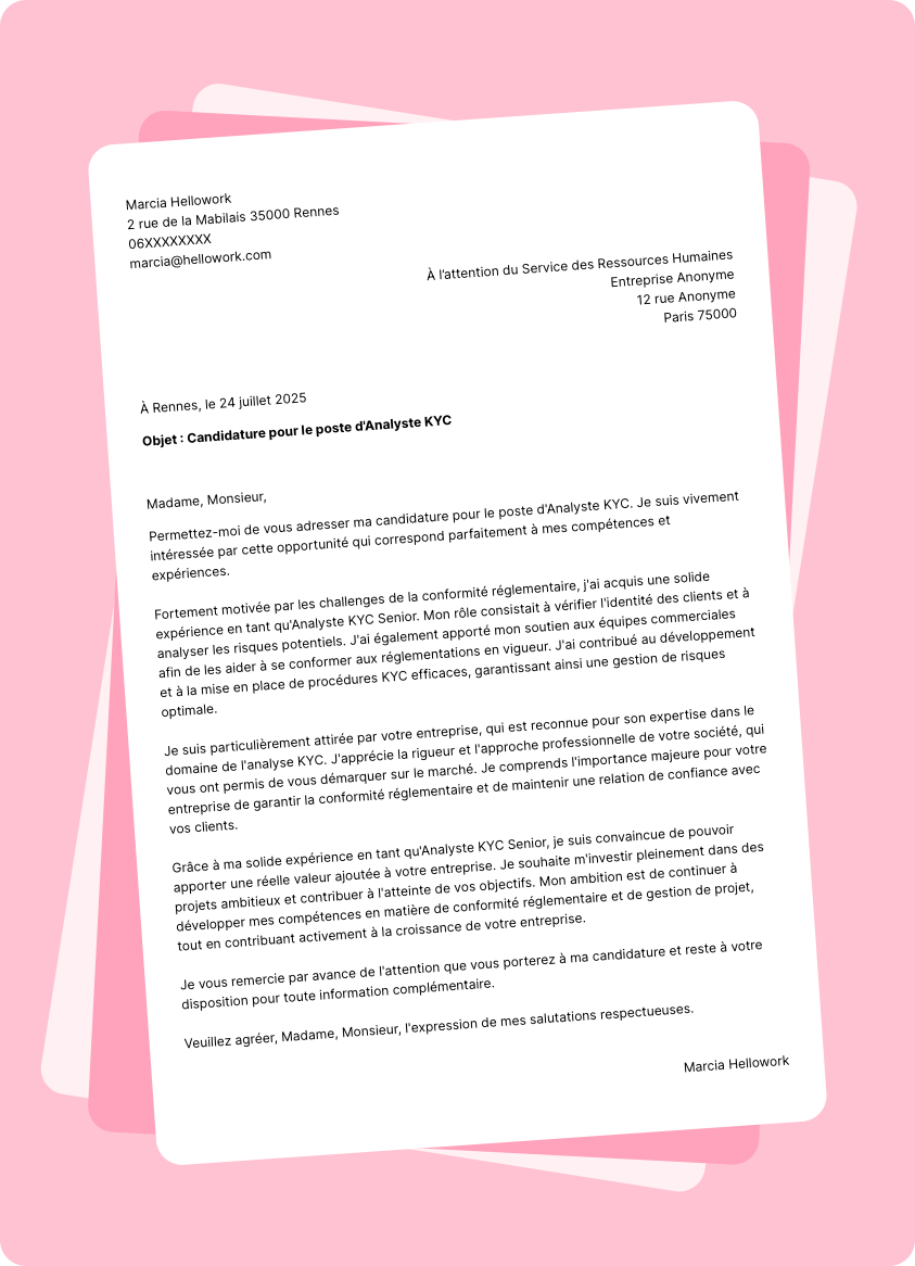 Exemple lettre de motivation Analyste KYC