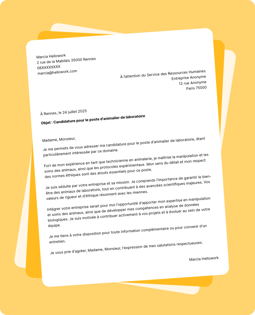 Exemple lettre de motivation Animalier de laboratoire
