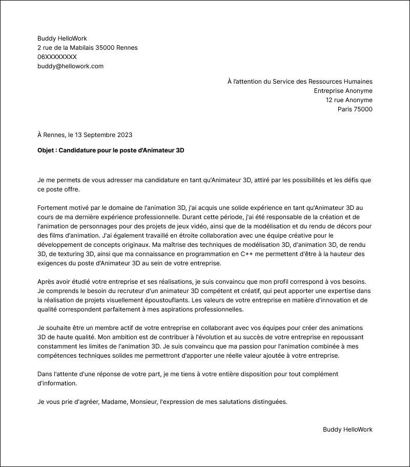 Modèle lettre de motivation Animateur 3D Exemple lettre de motivation Animateur 3D