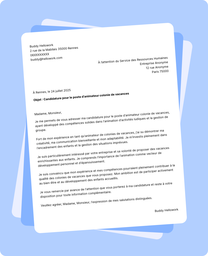 Exemple lettre de motivation Animateur colonie de vacances
