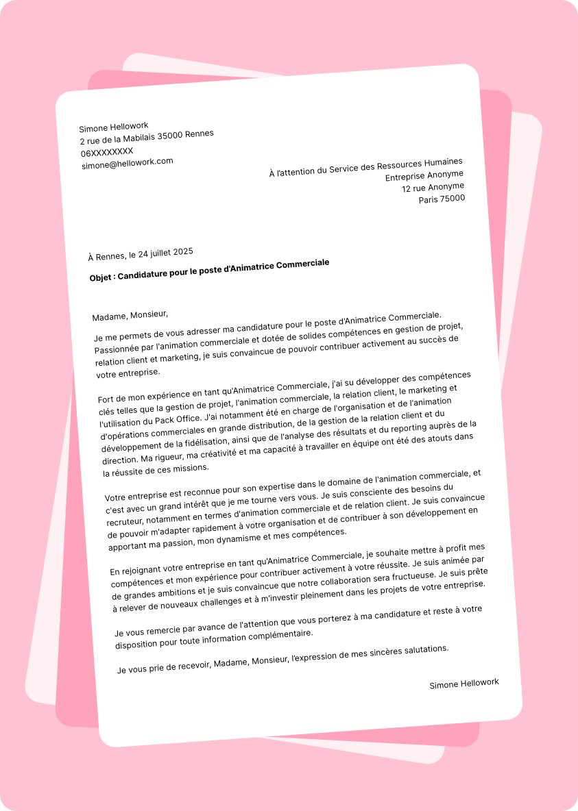 Modèle lettre de motivation Animateur commercial Exemple lettre de motivation Animateur commercial
