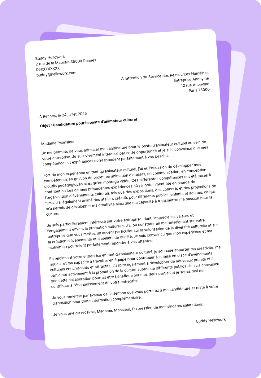Modèle lettre de motivation Animateur d'activités culturelles Exemple lettre de motivation Animateur d'activités culturelles