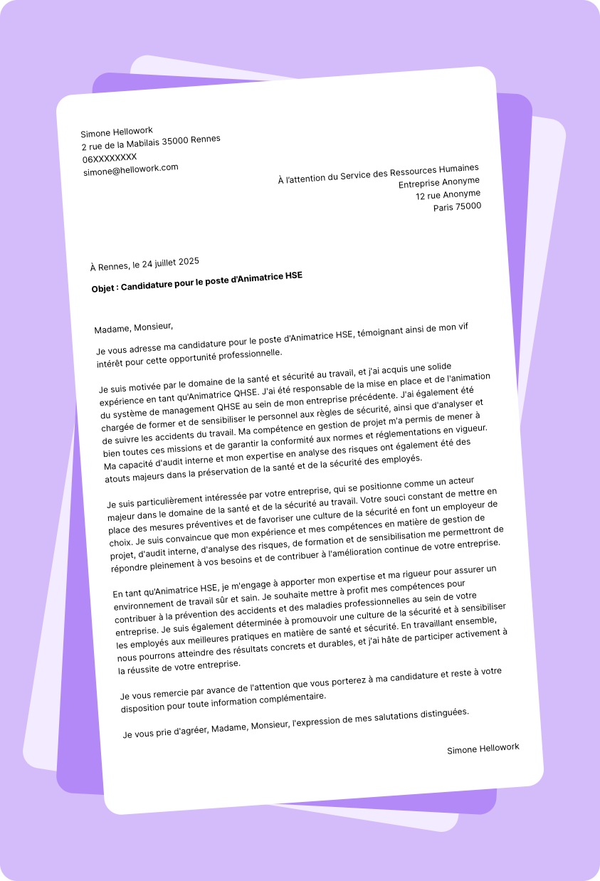 Exemple lettre de motivation Animateur QHSE