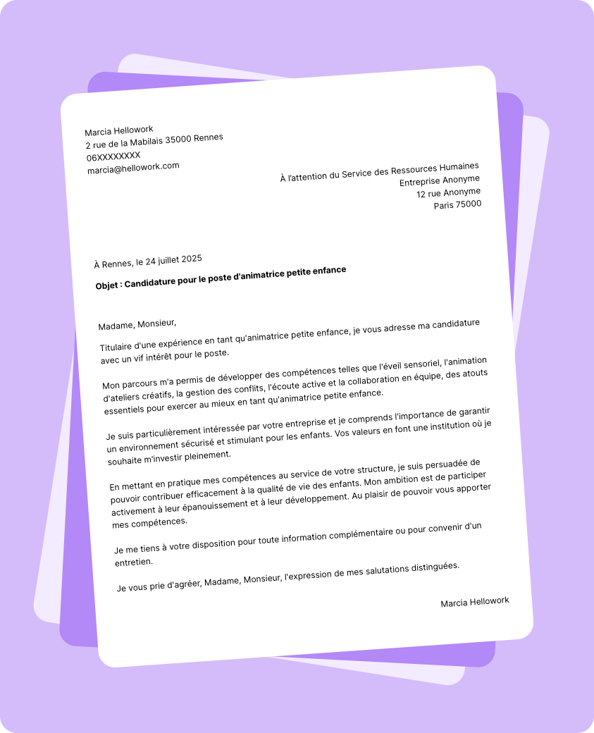 Exemple lettre de motivation Animatrice petite enfance