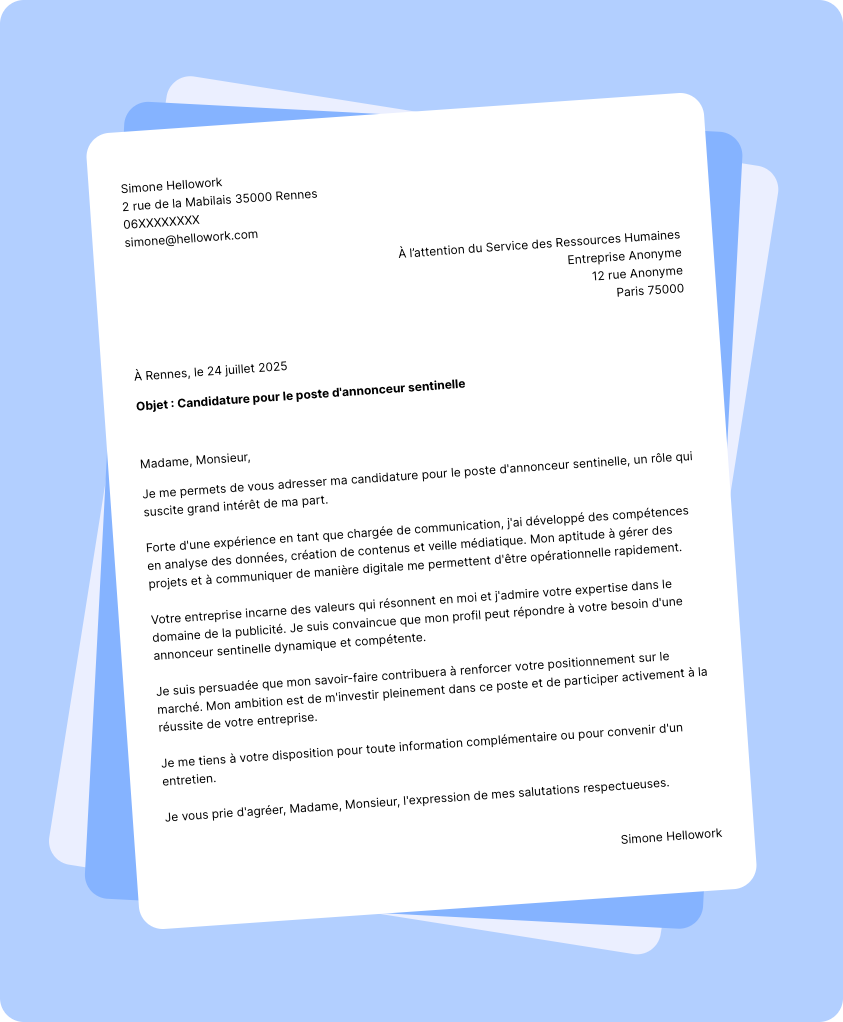 Exemple lettre de motivation Annonceur sentinelle