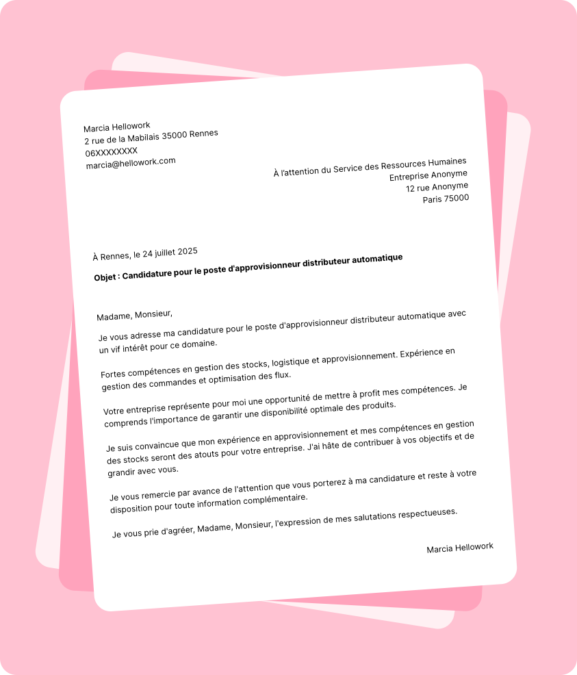 Modèle lettre de motivation Approvisionneur distributeur automatique Exemple lettre de motivation Approvisionneur distributeur automatique