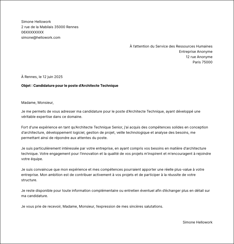 Modèle lettre de motivation Architecte technique Exemple lettre de motivation Architecte technique