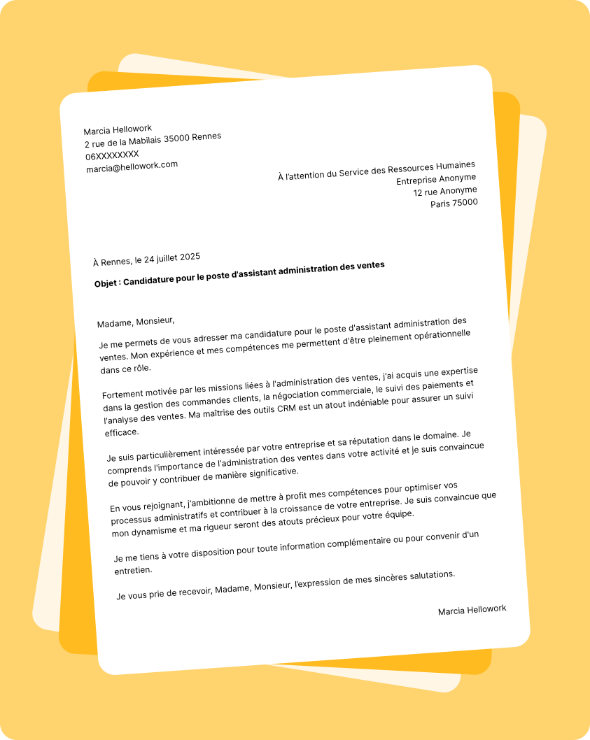 Exemple lettre de motivation Assistant administration des ventes