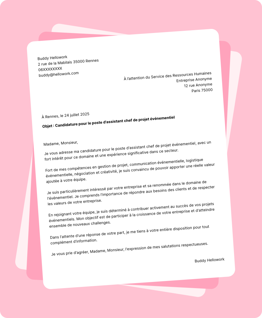Exemple lettre de motivation Assistant chef de projet événementiel