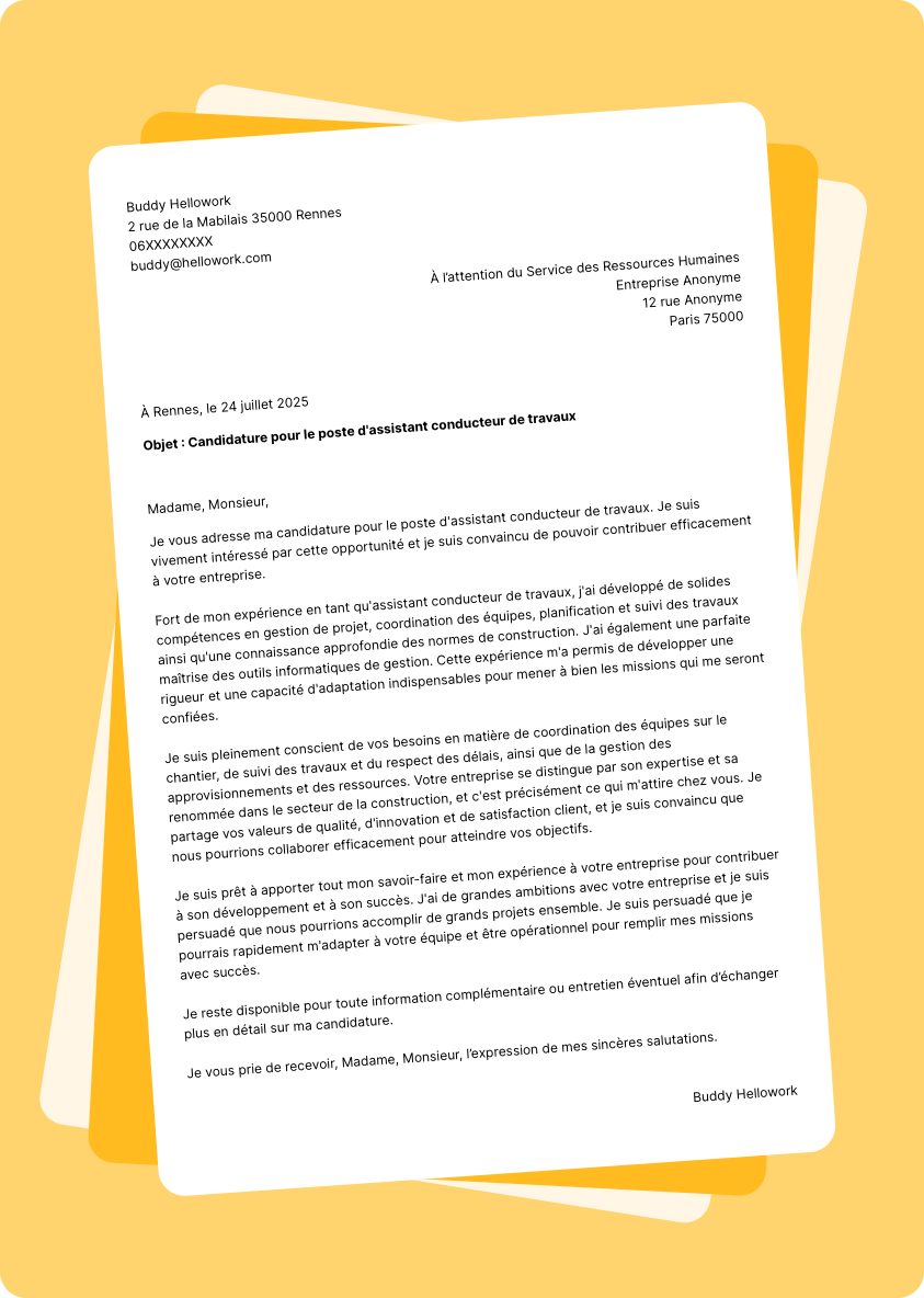 Modèle lettre de motivation Assistant conducteur de travaux Exemple lettre de motivation Assistant conducteur de travaux
