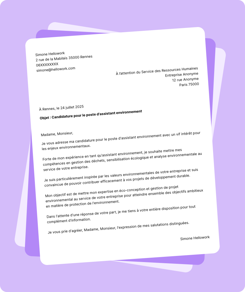 Exemple lettre de motivation Assistant environnement