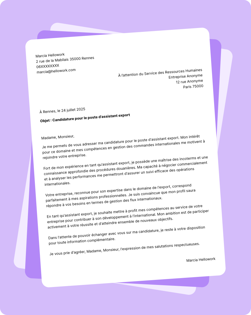 Exemple lettre de motivation Assistant export