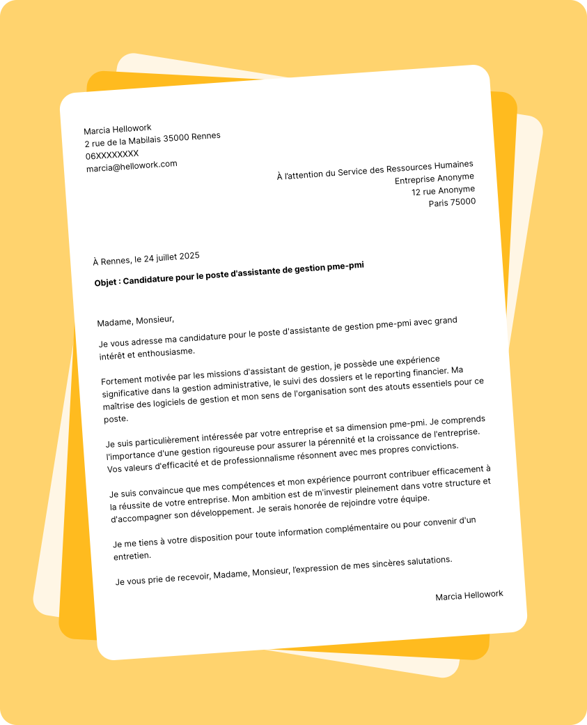 Modèle lettre de motivation Assistant de gestion PME-PMI Exemple lettre de motivation Assistant de gestion PME-PMI