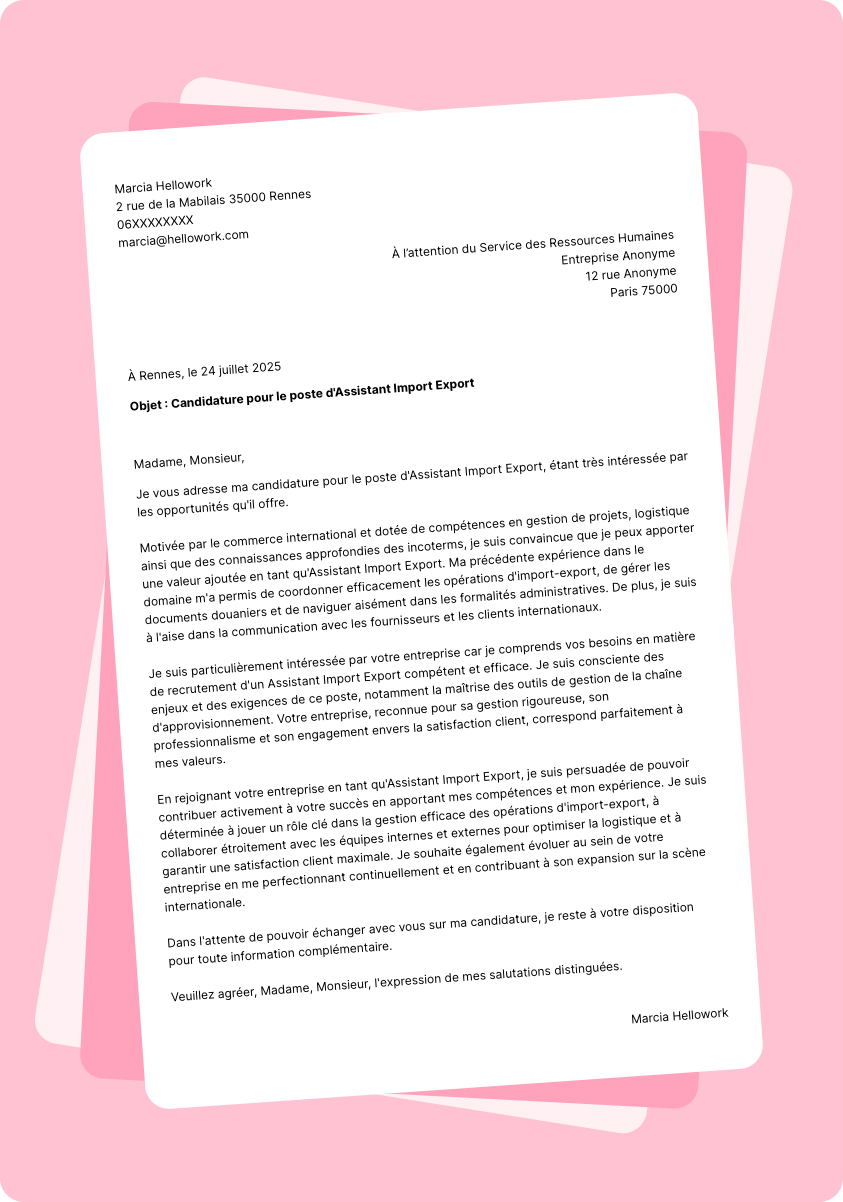 Modèle lettre de motivation Assistant import-export Exemple lettre de motivation Assistant import-export