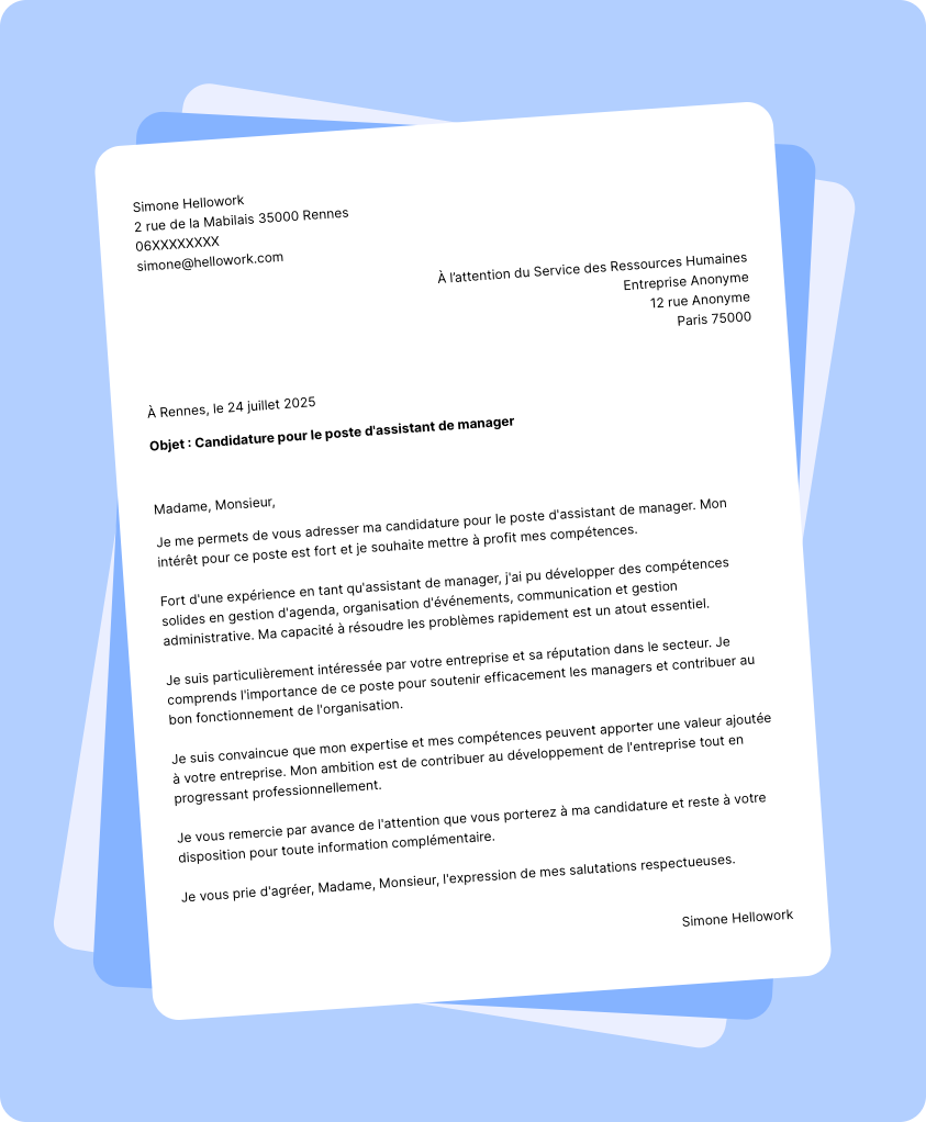 Exemple lettre de motivation Assistant de manager