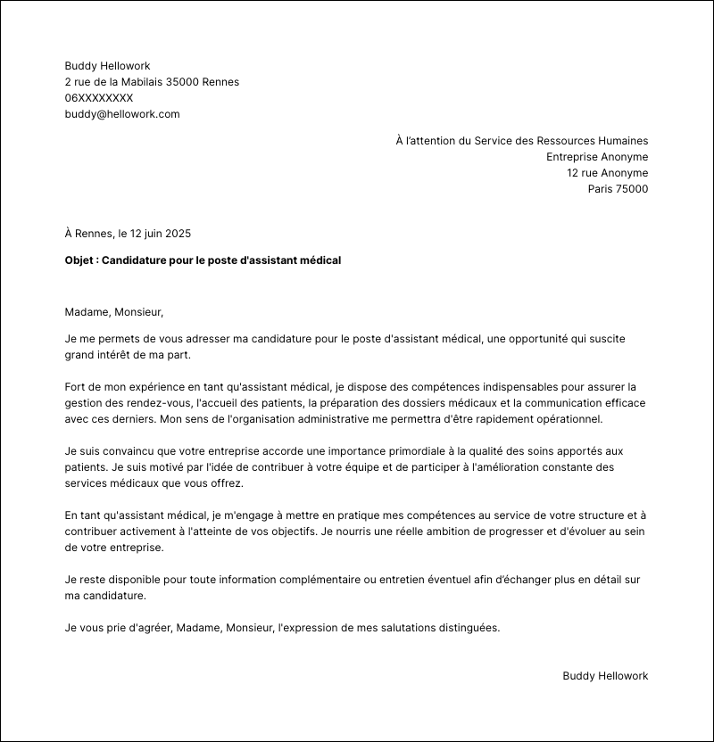 Modèle lettre de motivation Assistant médical Exemple lettre de motivation Assistant médical