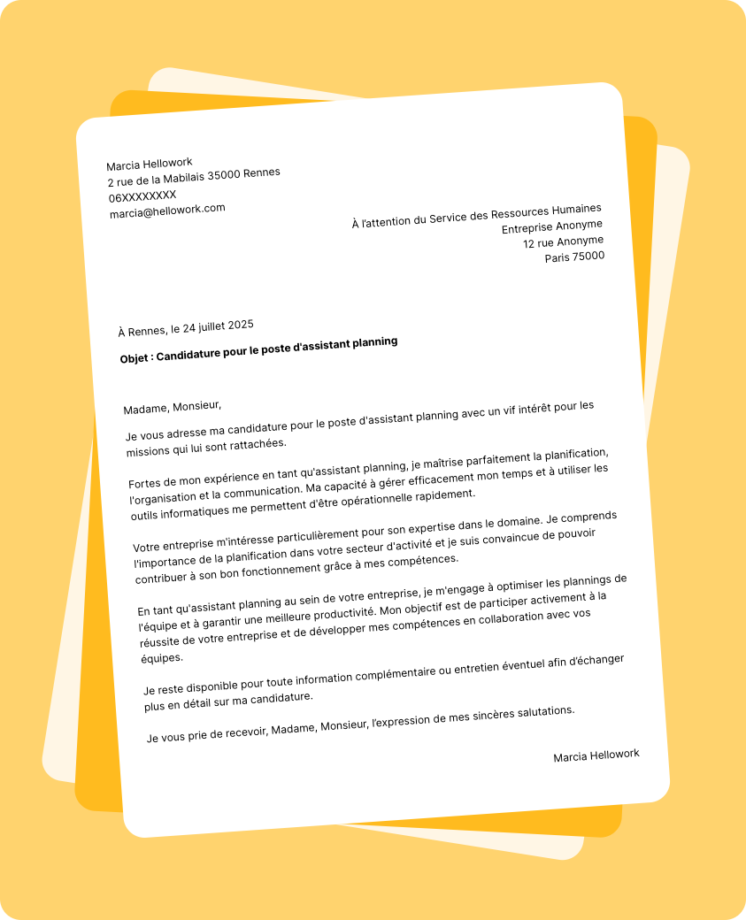 Exemple lettre de motivation Assistant planning