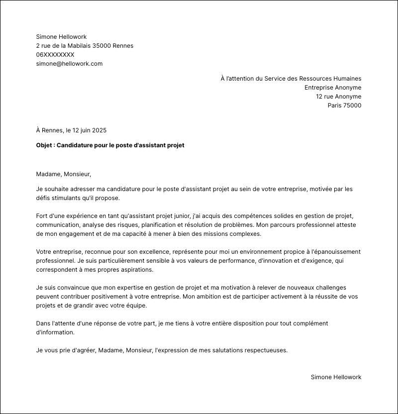 Exemple lettre de motivation Assistant projet