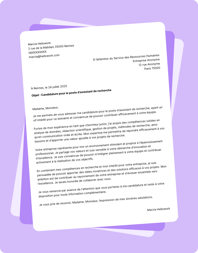 Exemple lettre de motivation Assistant de recherche