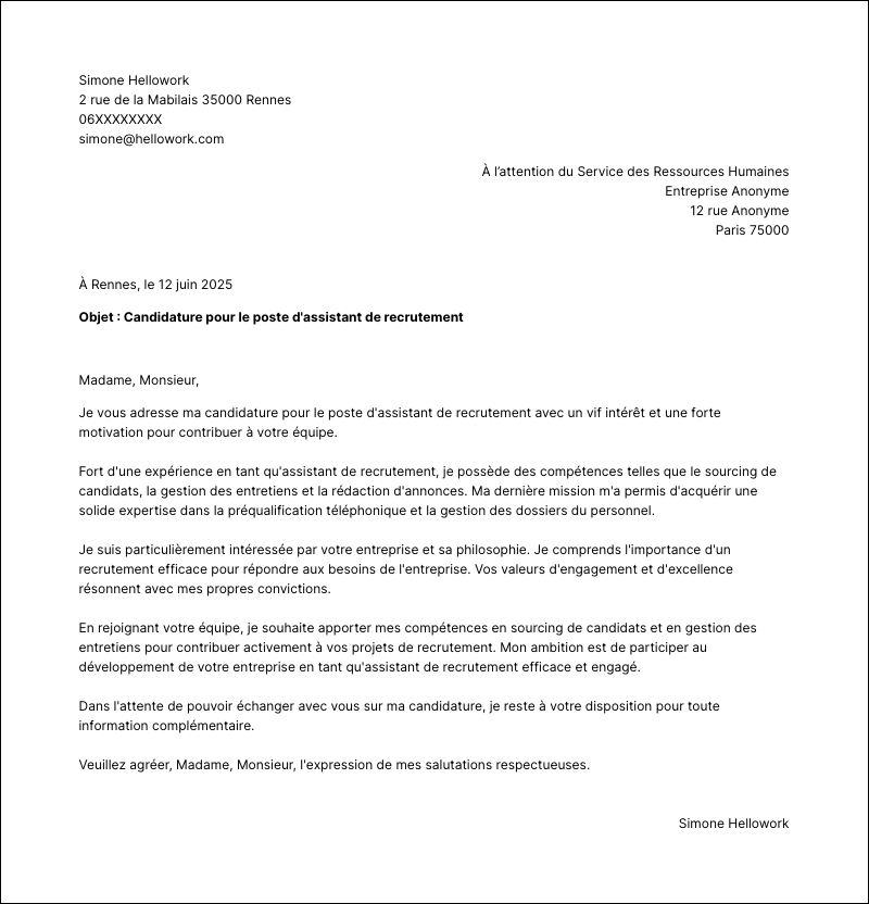 Modèle lettre de motivation Assistant de recrutement Exemple lettre de motivation Assistant de recrutement