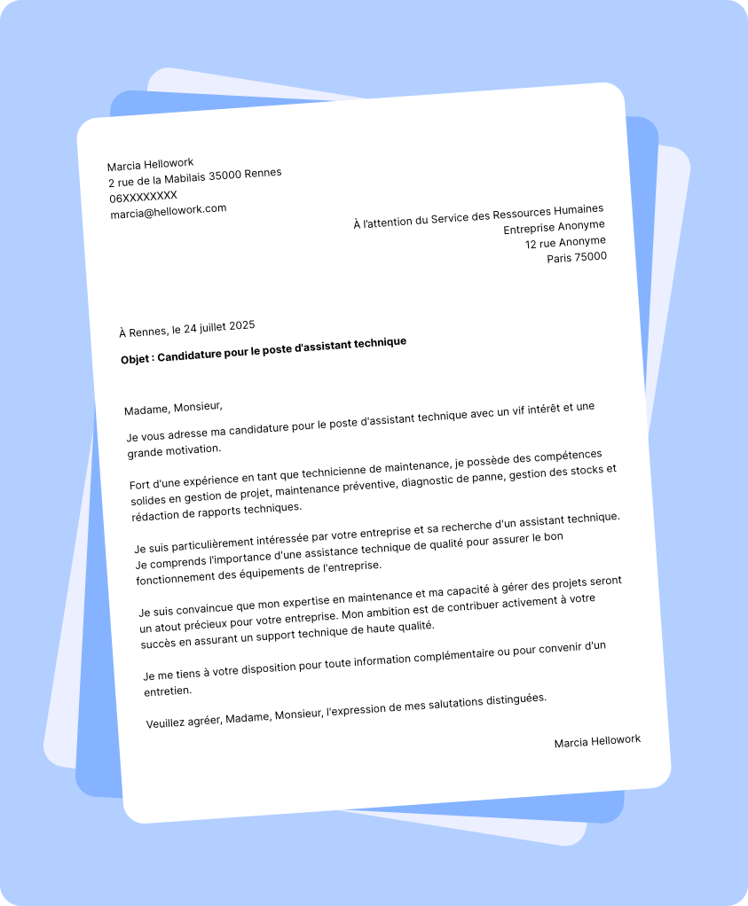 Exemple lettre de motivation Assistant technique