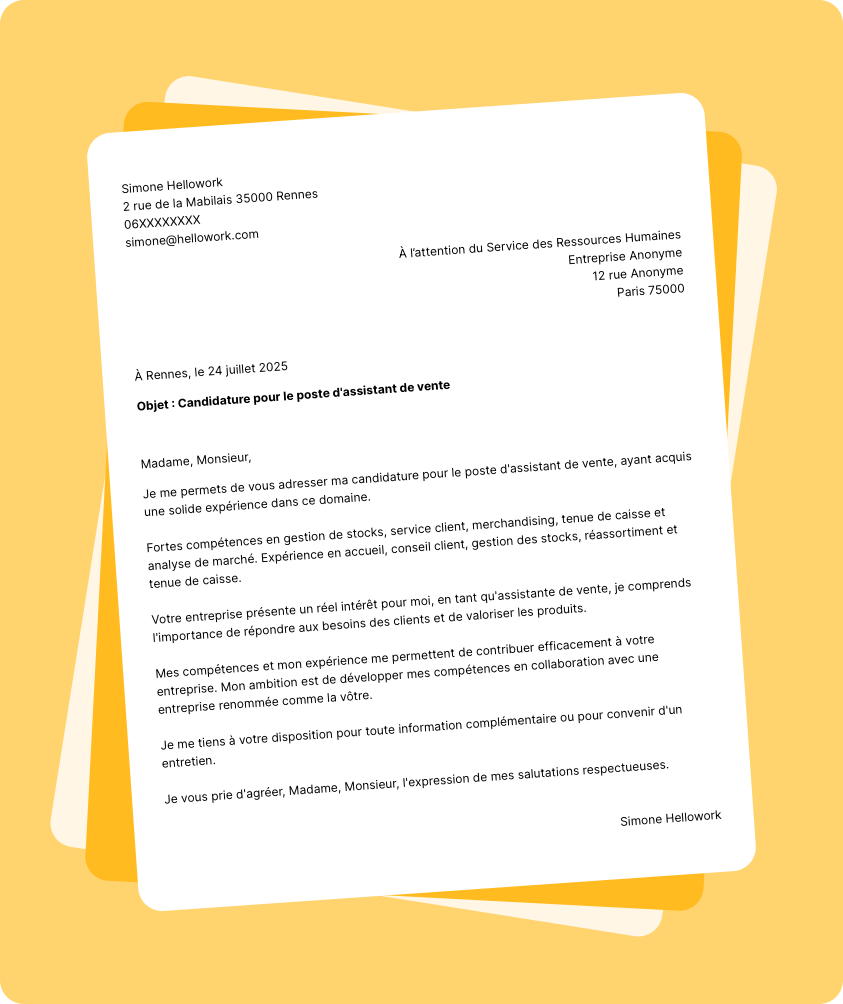 Exemple lettre de motivation Assistant de vente