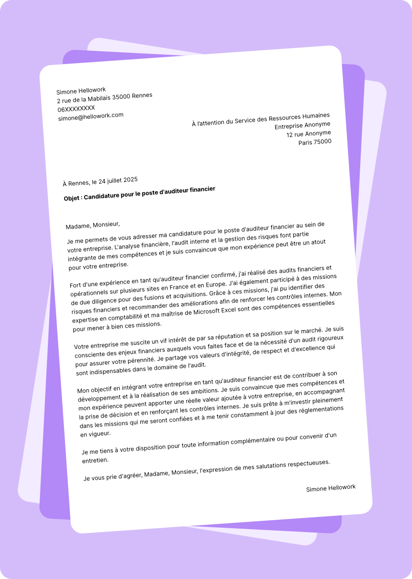 Exemple lettre de motivation Auditeur financier