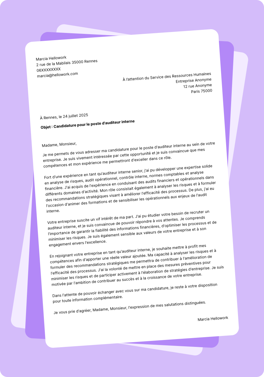 Exemple lettre de motivation Auditeur interne