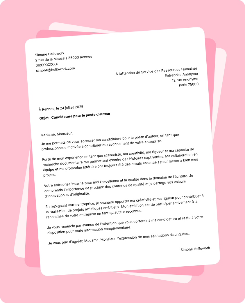 Exemple lettre de motivation Auteur