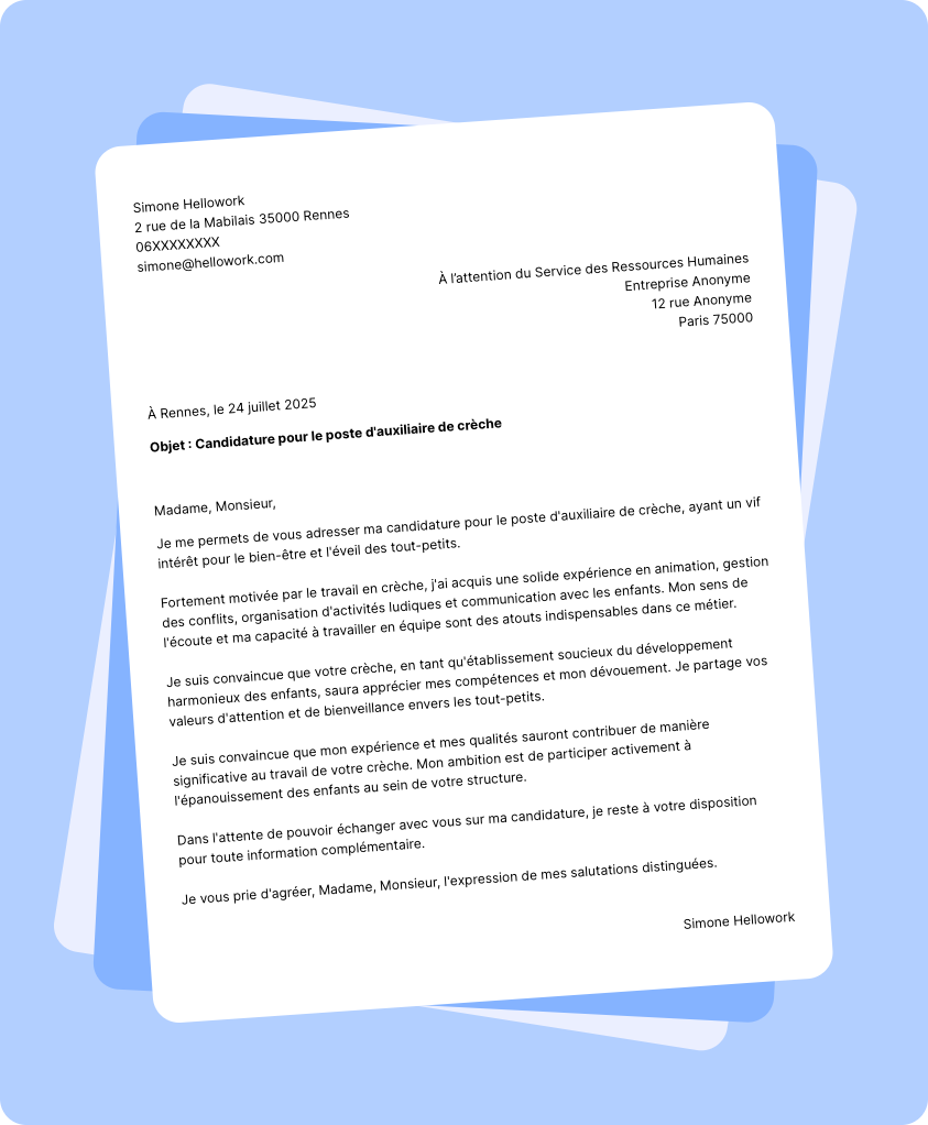 Exemple lettre de motivation Auxiliaire de crèche