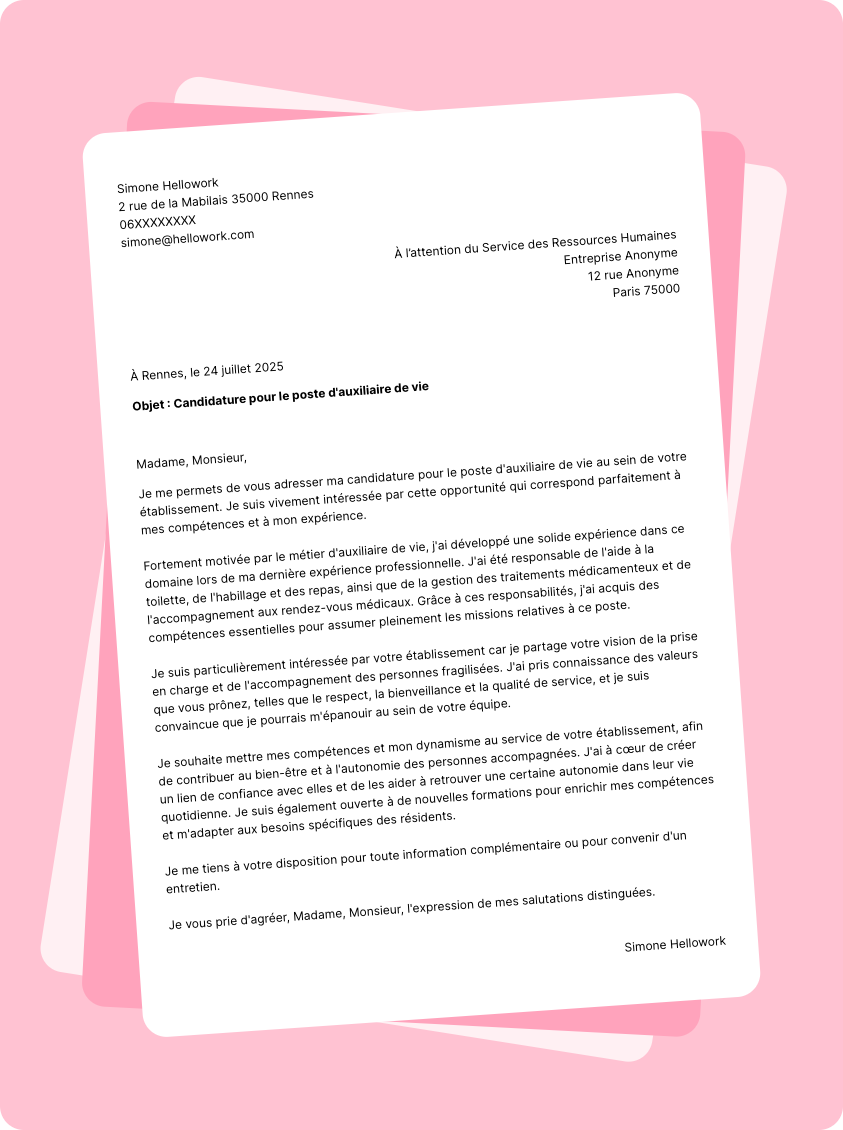 Modèle lettre de motivation Auxiliaire de vie Exemple lettre de motivation Auxiliaire de vie