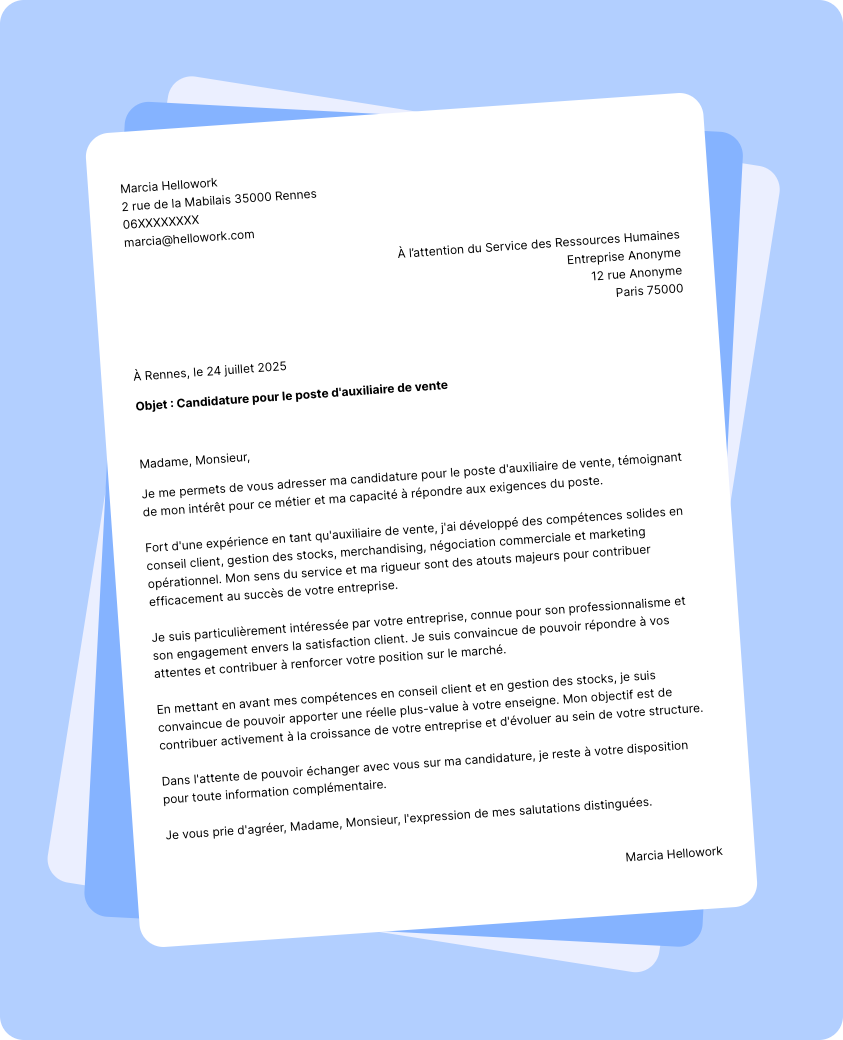 Modèle lettre de motivation Auxiliaire de vente Exemple lettre de motivation Auxiliaire de vente