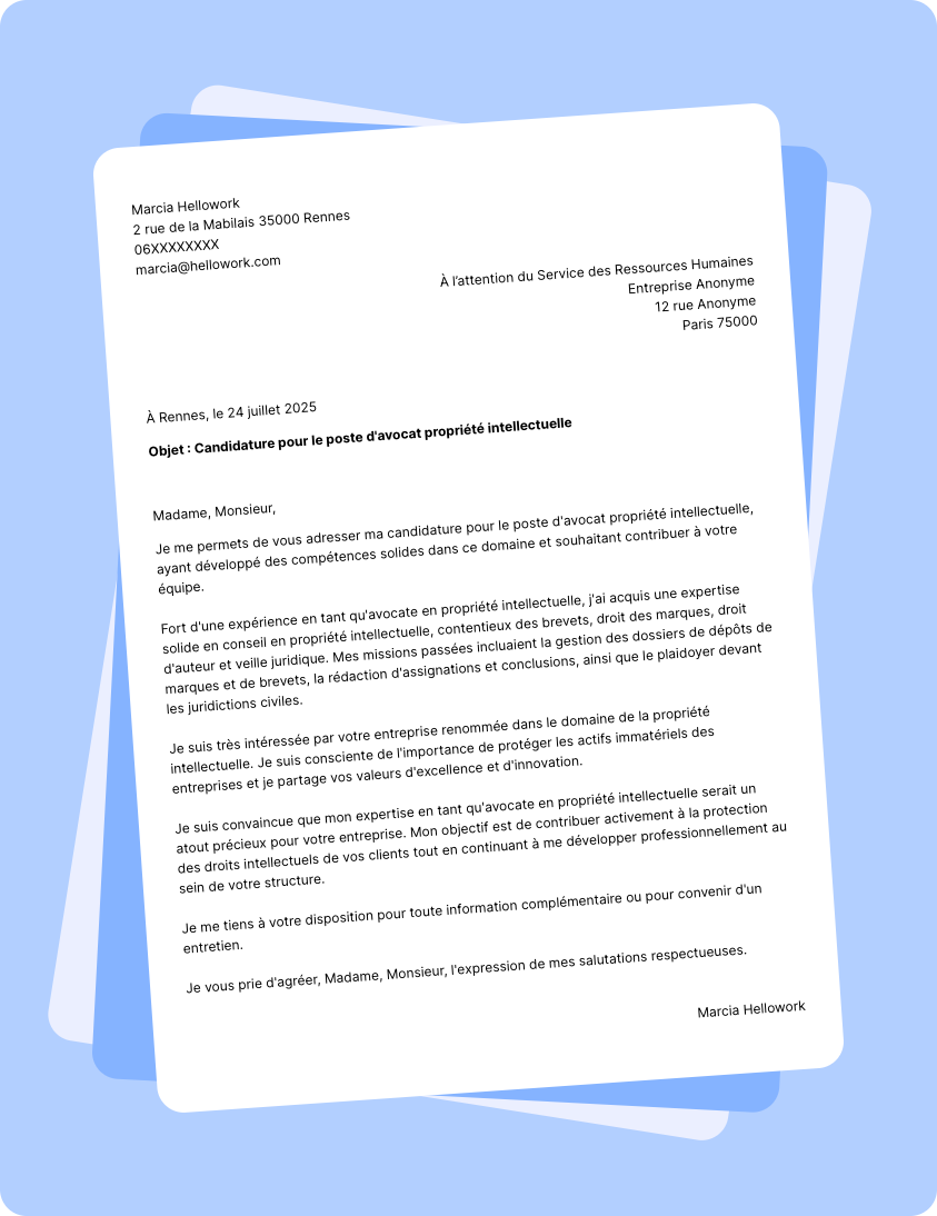 Exemple lettre de motivation Avocat propriété intellectuelle