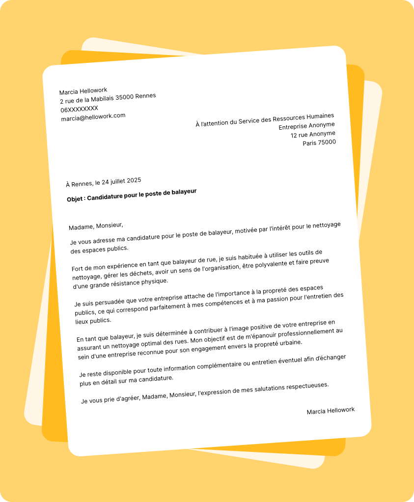 Modèle lettre de motivation Balayeur Exemple lettre de motivation Balayeur