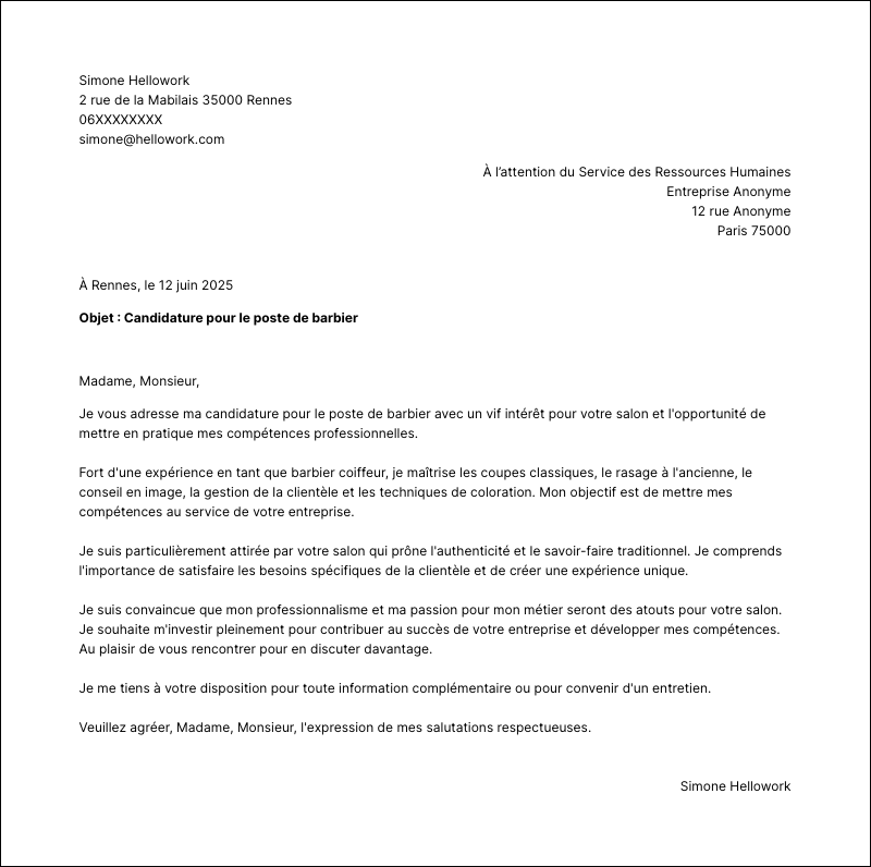 Exemple lettre de motivation Barbier