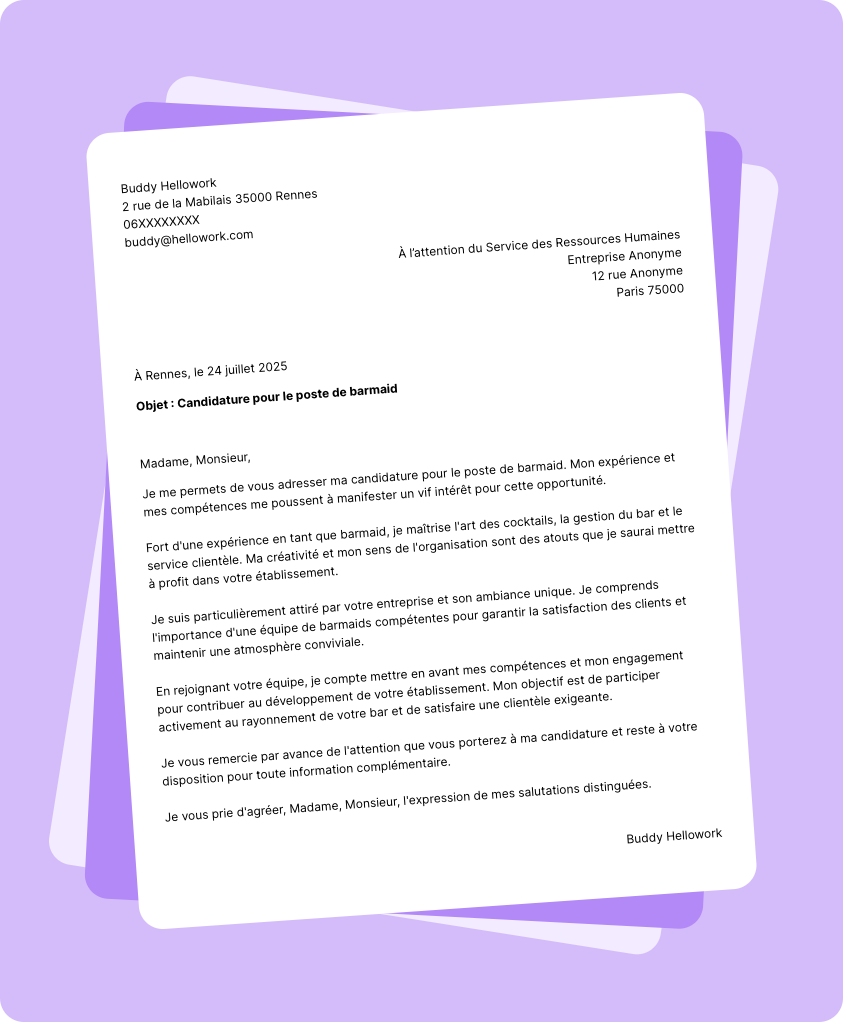 Exemple lettre de motivation Barmaid