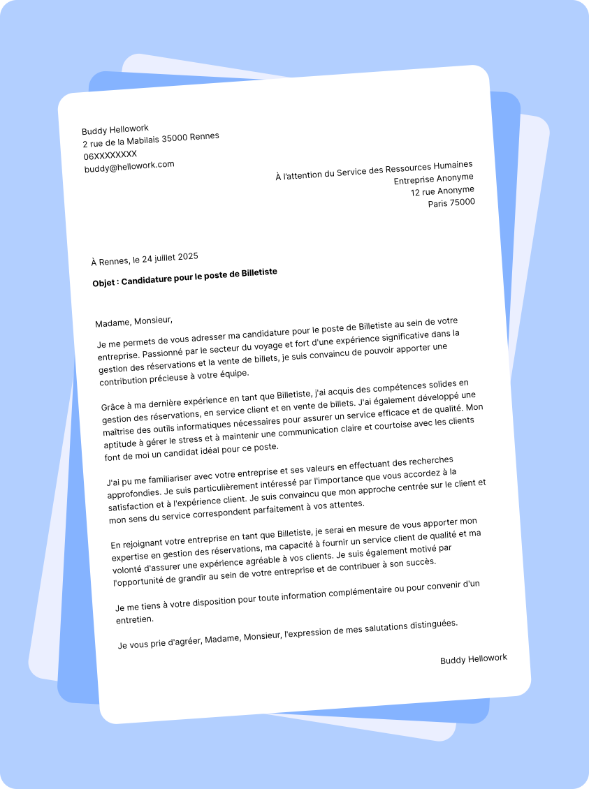 Exemple lettre de motivation Billettiste