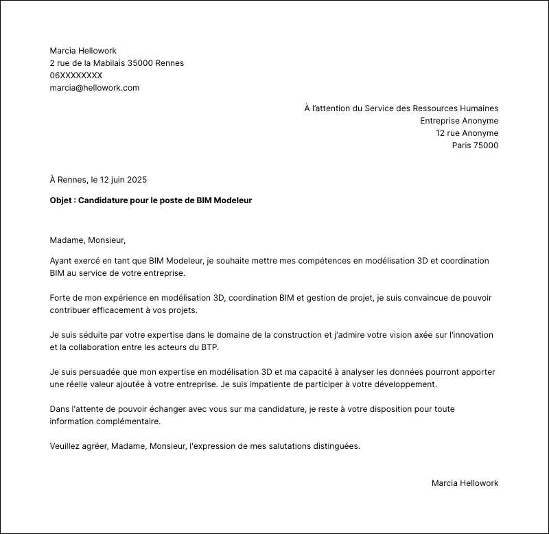 Exemple lettre de motivation BIM Modeleur