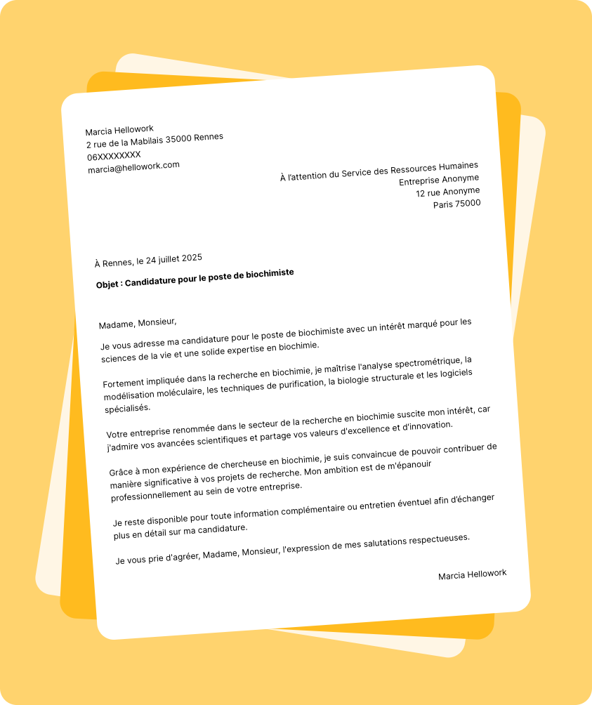 Modèle lettre de motivation Biochimiste Exemple lettre de motivation Biochimiste