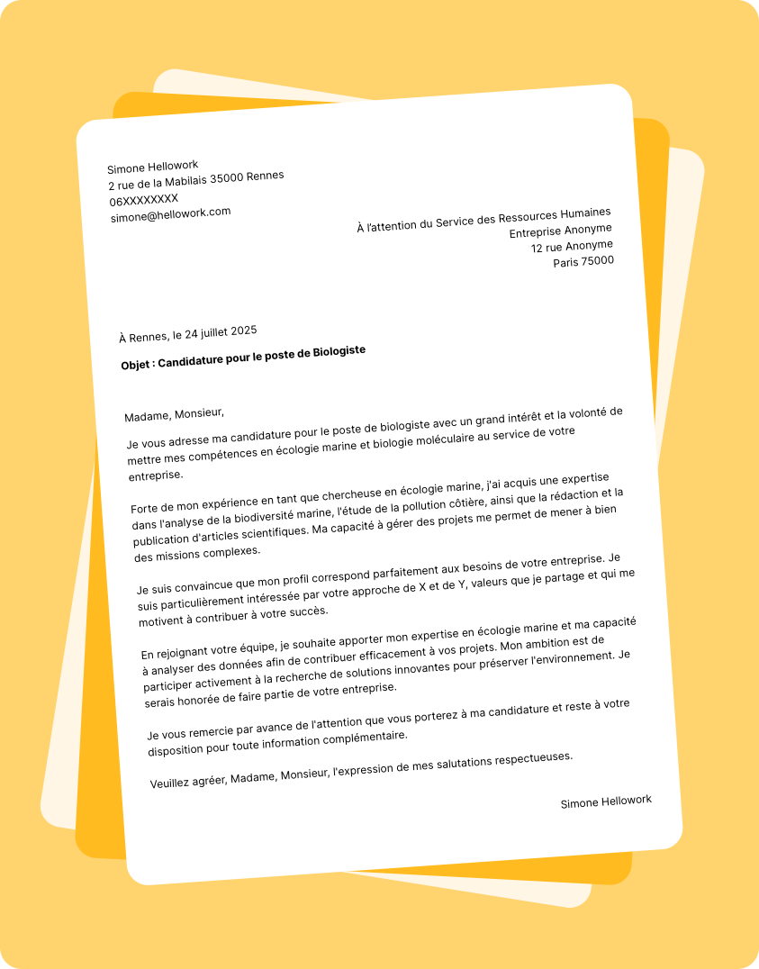 Modèle lettre de motivation Biologiste Exemple lettre de motivation Biologiste