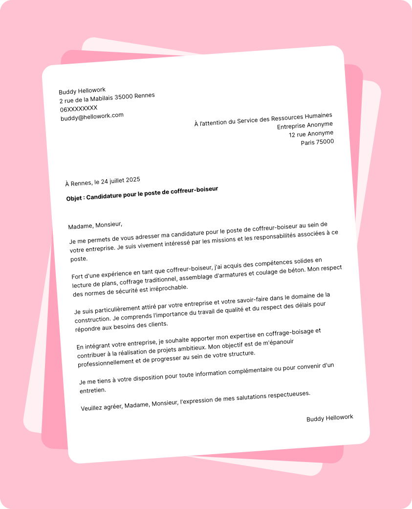 Modèle lettre de motivation Coffreur-boiseur Exemple lettre de motivation Coffreur-boiseur