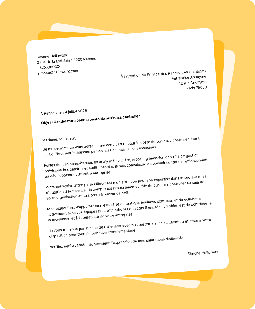 Modèle lettre de motivation Business controller Exemple lettre de motivation Business controller