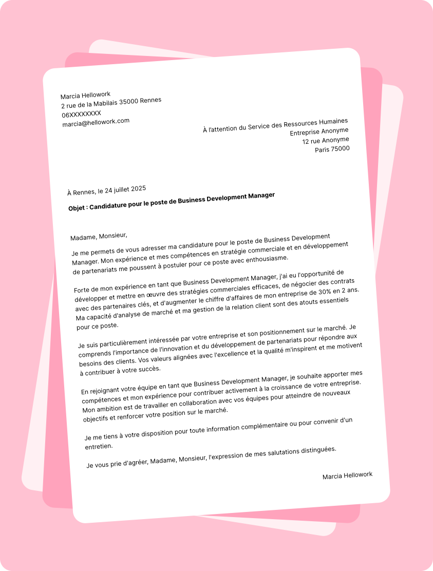 Modèle lettre de motivation Business development manager Exemple lettre de motivation Business development manager