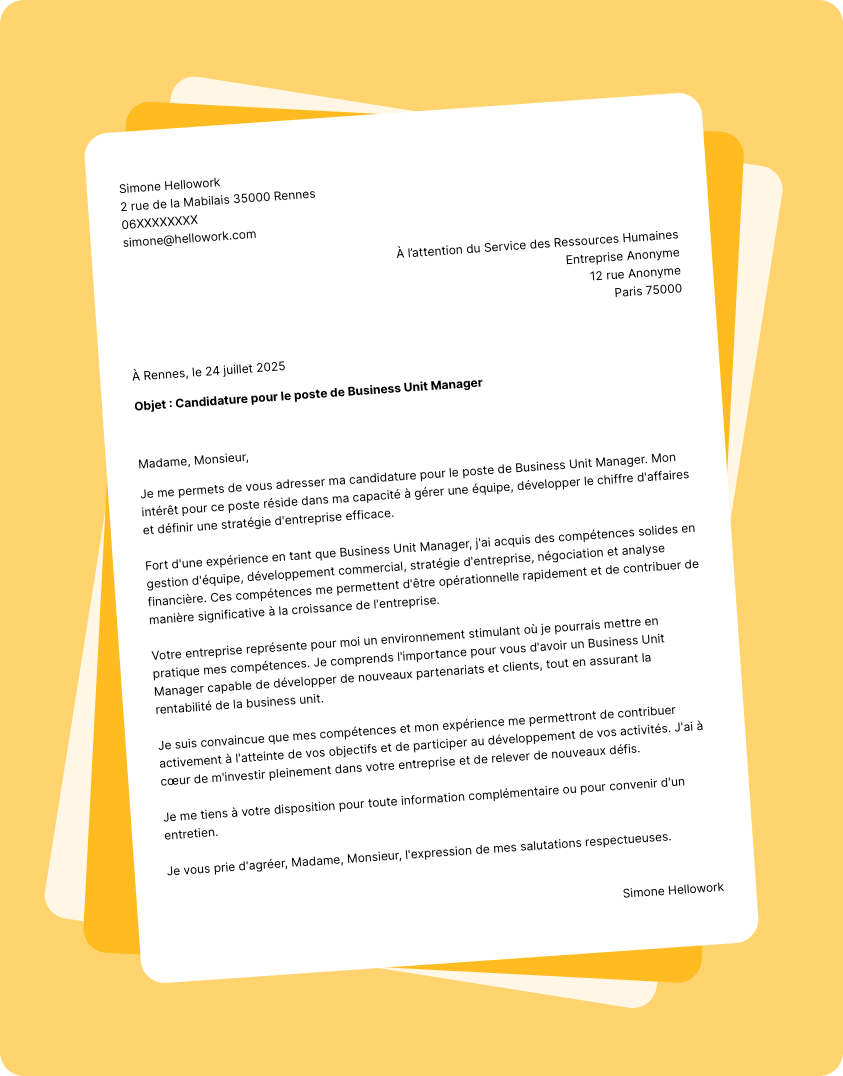 Exemple lettre de motivation Business unit manager