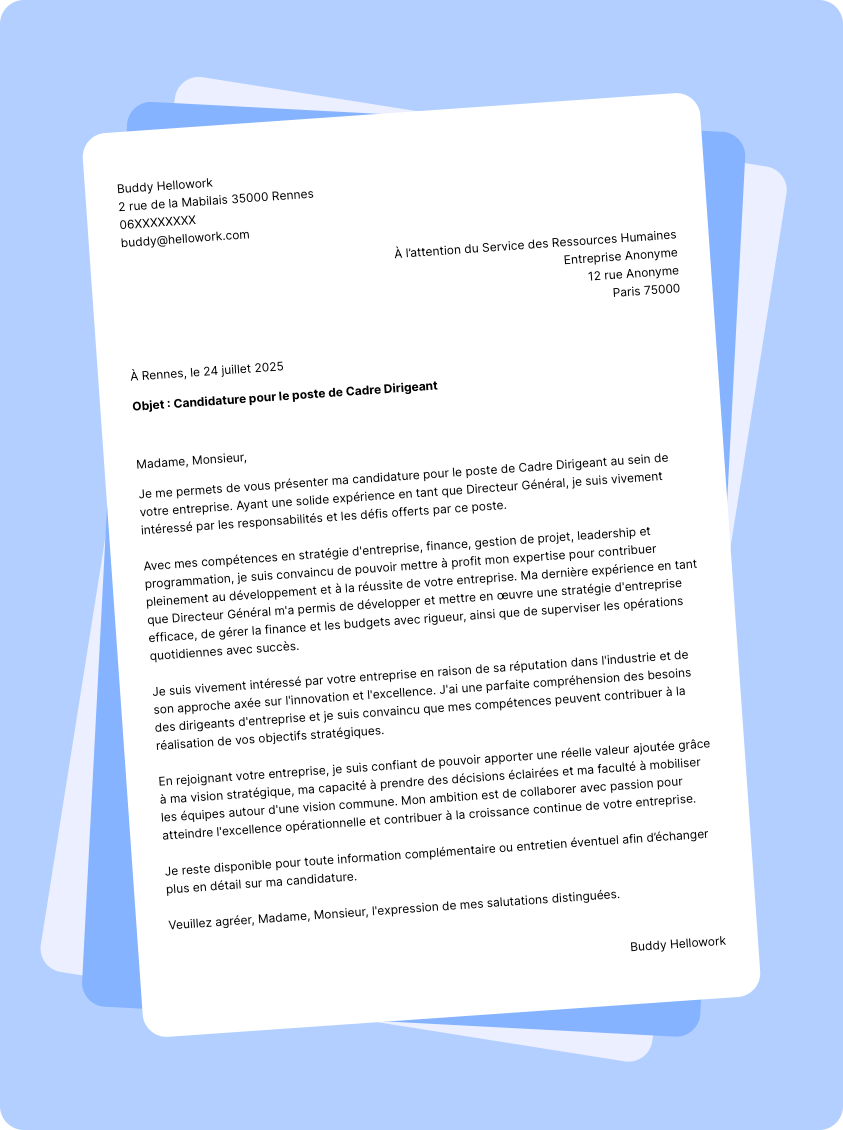 Exemple lettre de motivation Cadre dirigeant